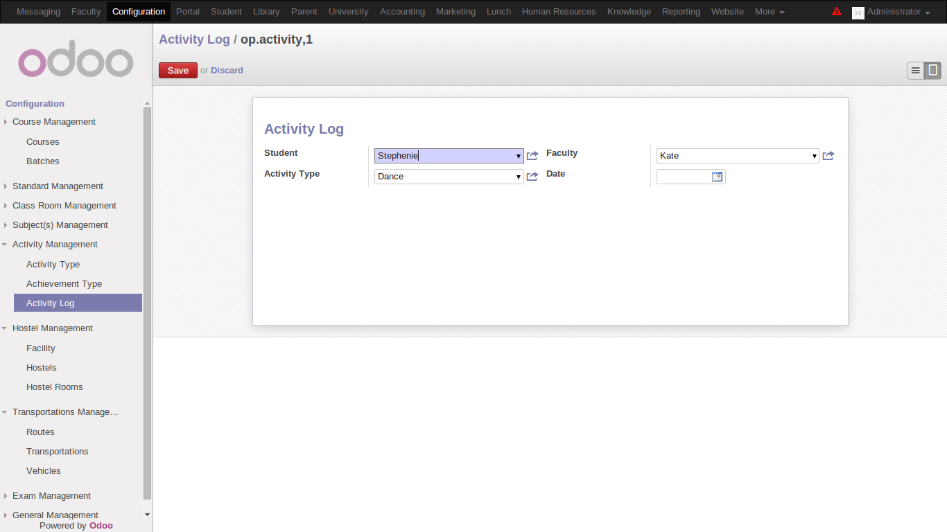 screenshot of activity management in odoo university management software